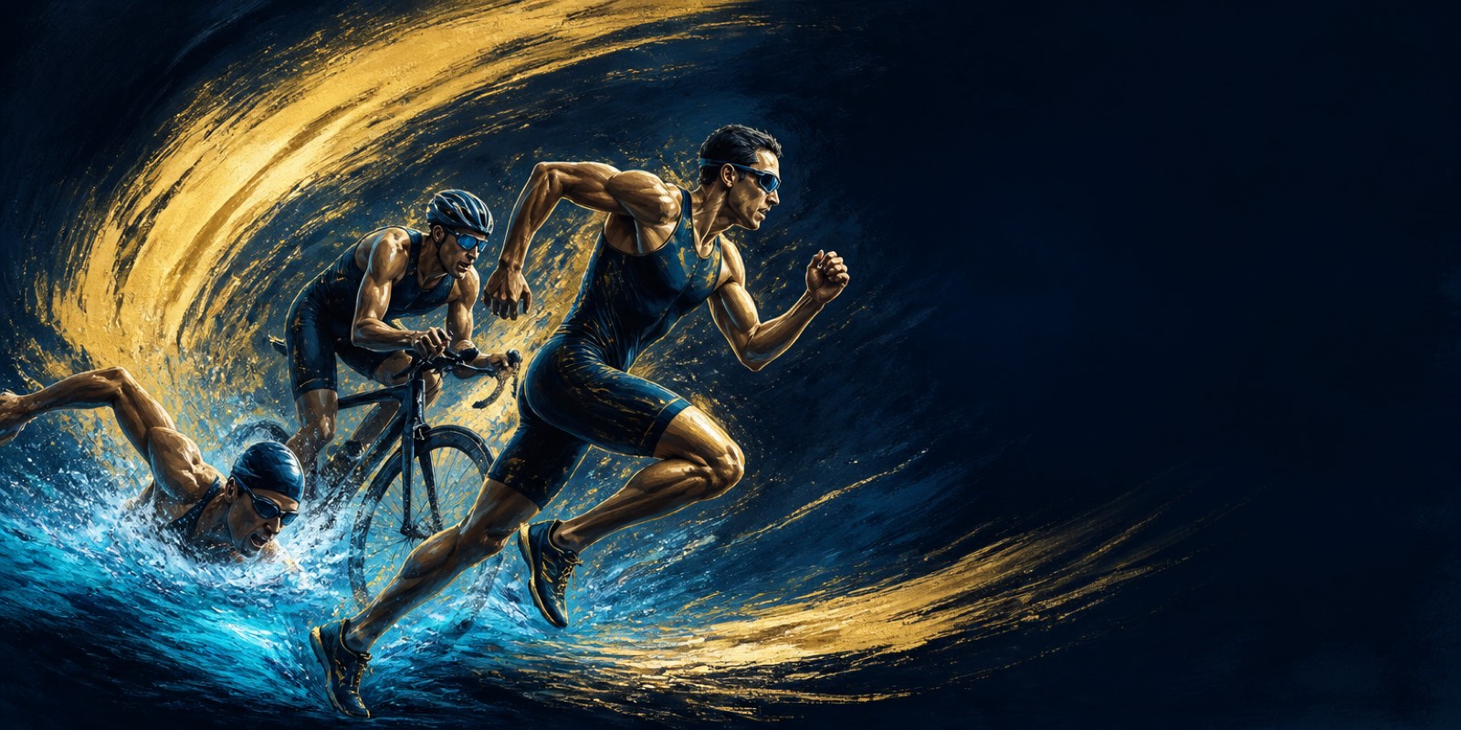 A swimmer, a cyclist and a runner mid-race, painted in blue and gold.